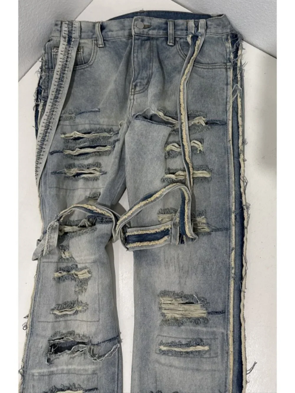mnml Streetwear Torn Ripped Shredded Flared Light Wash Jeans Mens Size 33X36